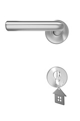 Closeup of metallic doorknob and lock with key ring