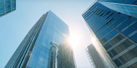 Fototapeta na wymiar Skyscraper with glass facades on a bright sunny day