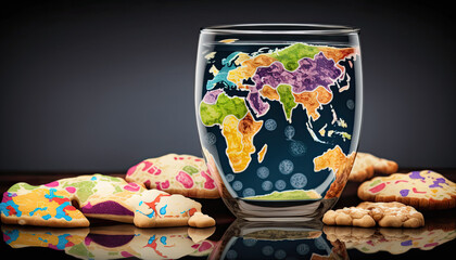 Fototapeta na wymiar World map designed on a glass, biscuits around - Generative AI