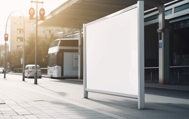 Morning light bathes an empty city bus stop, with a blank ad space, symbolizing urban stillness.