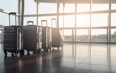 Shadows stretch across a row of suitcases in an airport, anticipating the day's travels.