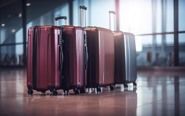 Maroon and brown suitcases stand ready, casting reflections on a shiny airport floor
