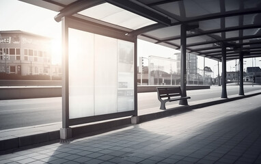 The modern bus stop with a long bench basks in the soft sunlight of dawn, offering a peaceful wait