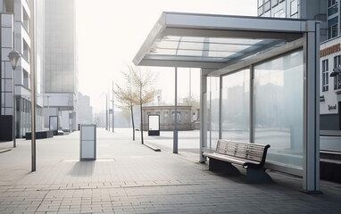 A solitary bus stop with a clean, contemporary design sits on a deserted city street in the early morning light.