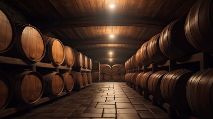 brewery cellar background, barrels, wine or beer, generative ai