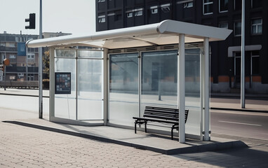 A clean and empty bus stop with a transparent shelter and a black bench on a city street.