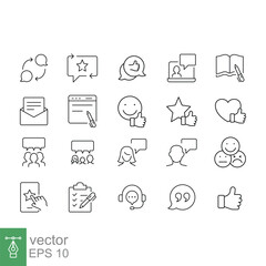 Business and finance web line icon set. Testimonials, customer relationship management or CRM concept. Simple outline style symbol collection. Vector illustration isolated on white background. EPS 10.