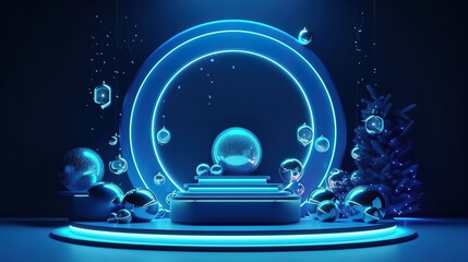 Fototapeta premium Festive showcase with podium and glowing round frame. Generative Ai