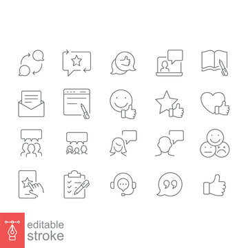Business and finance web line icon set. Testimonials, customer relationship management or CRM concept. Simple outline style symbol collection. Vector illustration isolated. Editable stroke EPS 10.