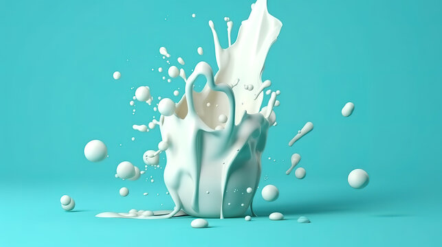 3d render, milk splash clip art isolated on turquoise blue background. Generative Ai