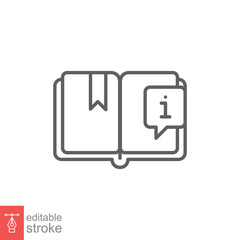 Book with information mark icon. Encyclopedia, catalogue, info and faq concept. Simple outline style. Thin line symbol. Vector illustration isolated on white background. Editable stroke EPS 10.