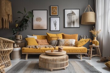 Contemporary boho living room in comfortable apartment with gray couch, honey yellow cushions and plaid, mock up paintings, rattan basket, and design personal accessories. Interior design. Template