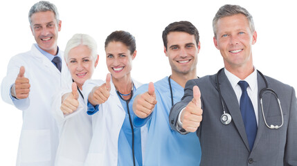 Portrait of confident medical team gesturing thumbs up