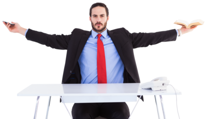 Unsmiling businessman sitting with arms outstretched