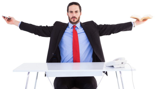 Unsmiling businessman sitting with arms outstretched - Powered by Adobe