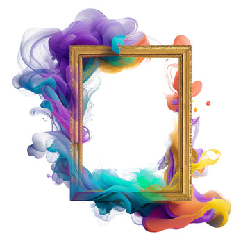 Creative picture frame surrounded by colorful smoke and ink with transparent background (png image). Generative AI content.