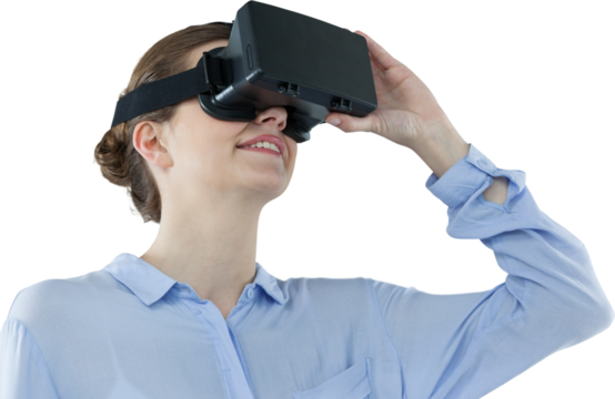 Low angle view of businesswoman using virtual reality headset
