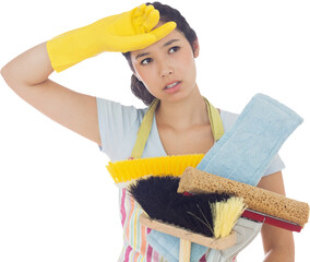 Weary woman holding cleaning tools