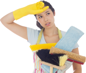 Weary woman holding cleaning tools