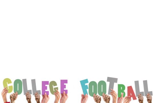 Colorful alphabet spelling college football held up by people - Powered by Adobe