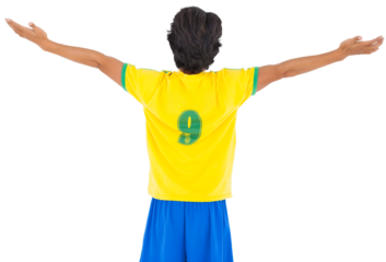 Football player cheering with arms stretched