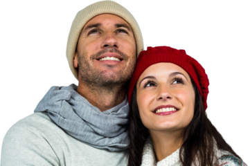 Smiling couple looking up