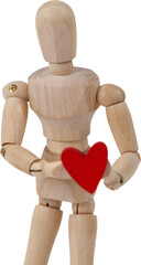 3d Wooden figurine standing and holding heart in front