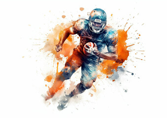 Watercolor abstract representation of American football. American football player in action during colorful paint splash, isolated on white background. AI generated illustration.