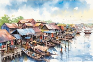 boats docked in a colorful harbor, created with watercolors. Generative AI