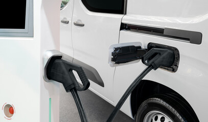 Electric delivery van with electric vehicles charging station.	