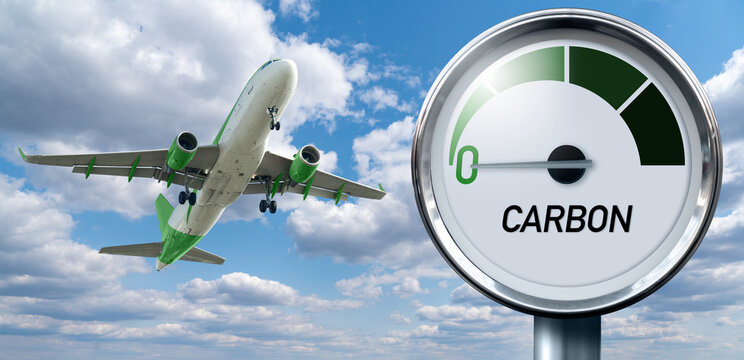 Gauge With Inscription CARBON And Arrow Points To Zero On A Background Of Plane In Sky. Concept Of Decarbonization And Biofuel	