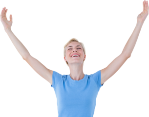 Blonde woman standing arms outstretched