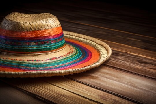 Sombrero, straw hat on colorful striped Mexican blanket, close up. Cinco de Mayo. Generative AI