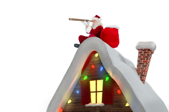 Santa sitting on roof of cottage