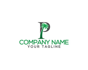 Letter P with coconut and palm tree  logo design. Summer and beach tree unique vector illustration.