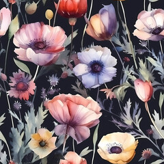 seamless pattern with poppy flowers. watercolor design. Generative AI