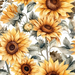 seamless pattern with sunflowers. watercolor design. Generative AI
