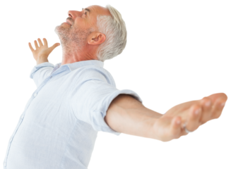 Smiling man posing with arms out