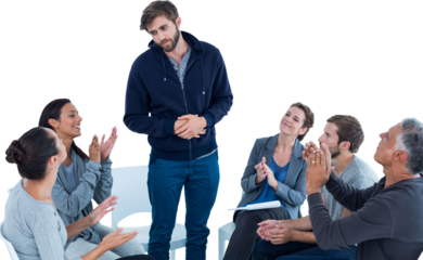 Rehab group applauding delighted man standing up