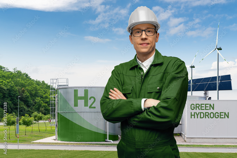 Poster engineer on a background of green hydrogen factory