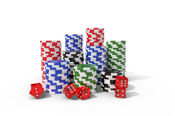 Stack of colorful casino tokens with dice