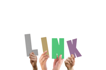 Colorful alphabet spelling link held up by people 