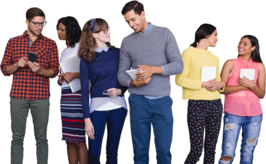 Smiling business people discssuing over technology against white background