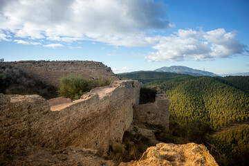 Panoramic view of the remains of the castle of La Asomada on top of the Puerto de la Cadena in the Natural Park of El Valle and Carrascoy in Murcia, Spain