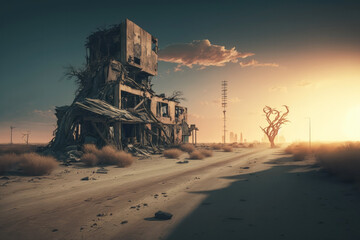 Fototapeta premium Post-apocalypse: The End of the World. The terrible ruined landscape at sunset | Generative AI Production