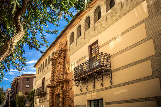 Monumental facade of the Palacio de Guevara in baroque style with Solomonic columns in Lorca, Murcia, Spain