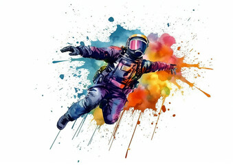 Watercolor abstract representation of skydiving. Skydiving player in action during colorful paint splash, isolated on white background. AI generated illustration.