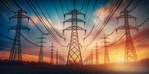 High Voltage Pylons with Electric Power Lines Transfer - Generative AI