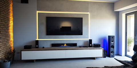 Fototapeta premium Modern living room with Tv at wall and led strips - Generative AI