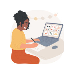 Creating wishlist isolated cartoon vector illustration. Happy teenager with laptop having web store on screen, smiling girl writing wishlist and making online purchase vector cartoon.